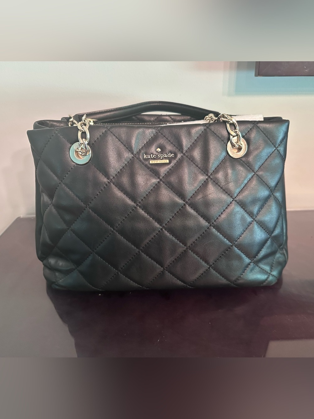 kate spade Black Quilted Leather Satchel with Gold Chain Handles